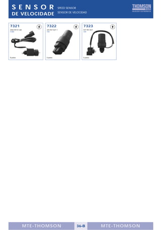 S E N S O R                         SPEED SENSOR
                                      SENSOR DE VELOCIDAD
  DE VELOCIDADE

7321                  7322                              7323
2S65-9E731-AA         325.957.827.1                     547.957.827
FORD                  VW                                VW




8 pulsos              6 pulsos                          6 pulsos




                MTE-THOMSON                          36-B             MTE-THOMSON
 