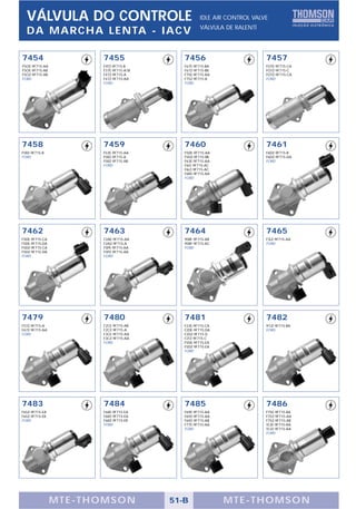 VÁLVULA DO CONTROLE                             IDLE AIR CONTROL VALVE
                                                  VÁLVULA DE RALENTÍ
  DA MARCHA LENTA - IACV

7454                  7455                7456                         7457
F5OE-9F715-AA         E9TZ-9F715-B        F67E-9F715-BA                FOTE-9F715-CA
F5OE-9F715-AB         F37E-9F715-A1B      F67Z-9F715-BB                FOTZ-9F715-C
F5OZ-9F715-AB         F47Z-9F715-A        F75E-9F715-AA                FOTZ-9F715-CA
FORD                  F47Z-9F715-AA       F75Z-9F715-A                 FORD
                      FORD                FORD




7458                  7459                7460                         7461
F5RZ-9F715-B          F53E-9F715-AA       F5DE-9F715-AA                F6DZ-9F715-B
FORD                  F5RZ-9F715-A        F5DZ-9F715-BB                F6DZ-9F715-DA
                      F5RZ-9F715-AB       F63E-9F715-AA                FORD
                      FORD                F6LE-9F715-AC
                                          F6LZ-9F715-AC
                                          F6RZ-9F715-AA
                                          FORD




7462                  7463                7464                         7465
F5DE-9F715-CA         F2AE-9F715-AA       95BF-9F715-AB                F3LZ-9F715-AA
F5DE-9F715-DA         F2AZ-9F715-A        95BF-9F715-AC                FORD
F5DZ-9F715-CA         F5PE-9F715-AA       FORD
F5DZ-9F715-DA         F5PZ-9F715-AA
FORD                  FORD




7479                  7480                7481                         7482
F57Z-9F715-A          F2CE-9F715-AB       F23E-9F715-CA                97JZ-9F715-BA
F67Z-9F715-AA         F2CZ-9F715-A        F2DE-9F715-DA                FORD
FORD                  F3CE-9F715-AA       F2DZ-9F715-D
                      F3CZ-9F715-AA       F2TZ-9F715-C
                      FORD                F5DE-9F715-EA
                                          F5DZ-9F715-EA
                                          FORD




7483                  7484                7485                         7486
F65Z-9F715-EA         F68E-9F715-EA       F69E-9F715-AA                F75E-9F715-BA
F65Z-9F715-EB         F68Z-9F715-EA       F69Z-9F715-AA                F75Z-9F715-AA
FORD                  F68Z-9F715-EB       F69Z-9F715-AB                F75Z-9F715-AB
                      FORD                F77E-9F715-AA                YL3E-9F715-AA
                                          FORD                         YL3Z-9F715-AA
                                                                       FORD




                MTE-THOMSON            51-B               MTE-THOMSON
 