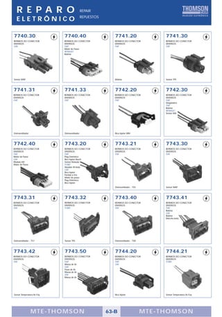 R E PA R O                                    REPAIR
                                                REPUESTOS
  ELETRÔNICO

7740.30                      7740.40                           7741.20                       7741.30
REPAROS DO CONECTOR          REPAROS DO CONECTOR               REPAROS DO CONECTOR           REPAROS DO CONECTOR
DIVERSOS                     DIVERSOS                          DIVERSOS                      DIVERSOS
GM                           FIAT                              FIAT                          GM
                             Motor de Passo
                             RENAULT
                             Bobina




Sensor MAP                                                     Bobina                        Sensor TPS



7741.31                      7741.33                           7742.20                       7742.30
REPAROS DO CONECTOR          REPAROS DO CONECTOR               REPAROS DO CONECTOR           REPAROS DO CONECTOR
DIVERSOS                     DIVERSOS                          DIVERSOS                      DIVERSOS
FIAT                         GM                                FIAT                          FIAT
                                                                                             Diagnóstico
                                                                                             GM
                                                                                             Bobina
                                                                                             RENAULT
                                                                                             Sensor MA




Eletroventilador             Eletroventilador                  Bico Injetor MM



7742.40                      7743.20                           7743.21                       7743.30
REPAROS DO CONECTOR          REPAROS DO CONECTOR               REPAROS DO CONECTOR           REPAROS DO CONECTOR
DIVERSOS                     DIVERSOS                          DIVERSOS                      DIVERSOS
FIAT                         FIAT                              VW                            FIAT
Motor de Passo               Plug Eletrônico
GM                           Bico Injetor Bosch
Modulo HEI                   Sensor Rotação
Motor de Passo               FORD
                             Atuador M.lenta
                             GM
                             Bico Injetor
                             Partida a frio
                             Motor de passo
                             Plug Eletronico
                             Bico Injetor
                                                               Eletroventilador - 755        Sensor MAP



7743.31                      7743.32                           7743.40                       7743.41
REPAROS DO CONECTOR          REPAROS DO CONECTOR               REPAROS DO CONECTOR           REPAROS DO CONECTOR
DIVERSOS                     DIVERSOS                          DIVERSOS                      DIVERSOS
VW                           FORD                              VW                            FIAT
                                                                                             Bobina
                                                                                             GM
                                                                                             Bobina
                                                                                             Marcha-lenta




Eletroventilador - 757       Sensor TPS                        Eletroventilador - 758




7743.42                      7743.50                           7744.20                       7744.21
REPAROS DO CONECTOR          REPAROS DO CONECTOR               REPAROS DO CONECTOR           REPAROS DO CONECTOR
DIVERSOS                     DIVERSOS                          DIVERSOS                      DIVERSOS
VW                           FIAT                              FIAT                          FORD
                             Massa de Ar                       GM
                             GM
                             Fluxo de Ar
                             Massa de Ar
                             VW
                             Massa de Ar




Sensor Temperatura Ar/Liq.                                     Bico Injetor                  Sensor Temperatura Ar/Liq.




                   MTE-THOMSON                              63-B                        MTE-THOMSON
 