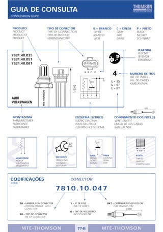 GUIA DE CONSULTA
CONSULTATION GUIDE



 PRODUTO                              TIPO DE CONECTOR                               B = BRANCO      C = CINZA      P = PRETO
 PRODUCT                              TYPE OF CONNECTION                             WHITE           GRAY           BLACK
 PRODUCTO                             TIPO DE ENCHUFE                                BLANCO          GRIS           NEGRO
 PRODUKT                              VERBINDUNGSTYP                                 WEIB            GRAU           SCHWARZ



                                                                                                                     LEGENDA
                                                                                                                     LEGEND
7821.40.035                                                                                                          LEYENDA
7821.40.057                                                                                                          ERKLÄRUNG
7821.40.087

                                                                           B B C P
                                                                                                   4           NÚMERO DE FIOS
                                                                                                               NR. OF WIRES
                                                                                                  L = 35       No. DE CABLES
                                                                                                  L = 57       KABELANZAHL
                                                            L (cm)



                                                                                                  L = 87
                        MTE-THOMSON




                                                                       B    B
AUDI                                                                             P    C


VOLKSWAGEN
                                                                                                                             L (CM)




 MONTADORA                                                      ESQUEMA ELÉTRICO                    COMPRIMENTO DOS FIOS (L)
 MANUFACTURER                                                   ELETRIC DIAGRAM                     WIRE LENGHT
 FABRICANTE                                                     PLAN ELECTRICO                      LARGO DE LOS CABLES
 FABRIKMARKE                                                    ELEKTRISCHES SCHEMA                 KABELLAENGE




                                                       22
                                                       mm
                                                                                                                    M 18 x 1,5

                                                                                SINAL     TERRA                     ROSCA
                                           SEXTAVADO                                      GROUND
   AQUECEDOR                                                                    SIGNAL                              THREAD
   HEATER                                  HEXAGONAL                            SIGNO     TIERRA
                                                                                                                    FIXATION
   CALENTADOR                              SEXTAVADO                            SIGNAL    ERDE
                                                                                                                    ANBRINGUNG
   HEIZELEMENT                             SECHSKANT




CODIFICAÇÕES                                            CONECTOR
CODE

                                           7810.10.047

       78 = LAMBDA COM CONECTOR                         1 = Nº DE FIOS                      047 = COMPRIMENTO DO FIO-CM
           OXYGEN SENSOR WITH                              NR. OF WIRES                         WIRE LENGHT - CM
           CONECTOR                                                                                        L (CM)
                                                        0 = TIPO DE ACESSÓRIO
       10 = TIPO DO CONECTOR                               ACCESSORY TIPE
           TIPE OF CONECTOR




        MTE-THOMSON                                                  77-B                 MTE-THOMSON
 