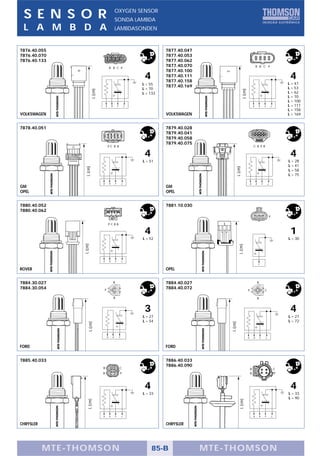 S E N S O R                                                OXYGEN SENSOR
                                                            SONDA LAMBDA
 L A M B D A                                                LAMBDASONDEN



7876.40.055                                                                               7877.40.047
7876.40.070                                                                               7877.40.053
7876.40.133                                                                               7877.40.062
                                                B B C P
                                                                                          7877.40.070                                          B B C P
                                                                                          7877.40.100
                                                                                 4        7877.40.111
                                                                                          7877.40.158
                                                                                                                                                                                4
                                                                                L = 55                                                                                         L = 47
                                                                                          7877.40.169                                                                          L = 53
                                                                                L = 70
                           L (cm)




                                                                                                                          L (cm)
                                                                                L = 133                                                                                        L = 62
                                                                                                                                                                               L = 70
                                                                                                                                                                               L = 100
                                        B           B           P           C                                                              B       B           P       C       L = 111
                                                                                                                                                                               L = 158
VOLKSWAGEN                                                                                VOLKSWAGEN                                                                           L = 169


7878.40.051                                                                               7879.40.028
                                                                                          7879.40.041
                                                                                          7879.40.058
                                                                                          7879.40.075
                                            PC B B                                                                                         C B P B

                                                                                 4                                                                                              4
                                                                                L = 51                                                                                         L = 28
                                                                                                                                                                               L = 41
                  L (cm)




                                                                                                                 L (cm)
                                                                                                                                                                               L = 58
                                                                                                                                                                               L = 75

                                    B           B           P           C                                                              B       B           P       C
GM                                                                                        GM
OPEL                                                                                      OPEL


7880.40.052                                                                               7881.10.030
7880.40.062
                                                                                                                                                                   P

                                                PCBB

                                                                                 4                                                                                              1
                                                                                L = 52                                                                                         L = 30
                 L (cm)




                                                                                                                     L (cm)



                                    B           B           P           C
                                                                                                                                                   P

ROVER                                                                                     OPEL


7884.30.027                                             B                                 7884.40.027                                              B
7884.30.054                             P
                                                                                          7884.40.072
                                                                                                                                   P                           C

                                                        B                                                                                          B


                                                                                 3                                                                                              4
                                                                                L = 27                                                                                         L = 27
                                                                                L = 54                                                                                         L = 72
                                                                                                            L (cm)
                     L (cm)




                                            B           B           P                                                              B       B           P       C



FORD                                                                                      FORD


7885.40.033                                                                               7886.40.033
                                                                                          7886.40.090
                                    B                               C                                                                  B                                   C
                                    B                                   P                                                              B                                   P



                                                                                 4                                                                                              4
                                                                                L = 33                                                                                         L = 33
                                                                                                                                                                               L = 90
                                                                                                                     L (cm)
                    L (cm)




                                    B           B           P           C                                                                  B           B       P       C


CHRYSLER                                                                                  CHRYSLER




           MTE-THOMSON                                                               85-B               MTE-THOMSON
 
