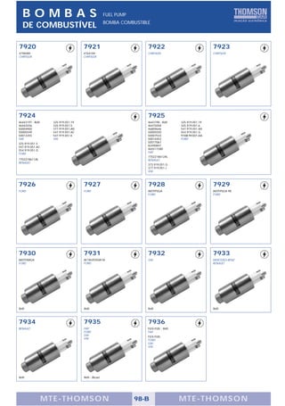 BOMBAS                                              FUEL PUMP
                                                       BOMBA COMBUSTIBLE
   DE COMBUSTÍVEL

7920                                  7921                             7922                                 7923
4798485                               4764184                          CHRYSLER                             CHRYSLER
CHRYSLER                              CHRYSLER




7924                                                                   7925
46443197 - Refil     325.919.051.19                                    4643198 - Refil     325.919.051.19
46443556             325.919.051.5                                     46475058            325.919.051.6
50004900             377.919.051.AD                                    46809646            547.919.051.AD
50005549             547.919.051.AC                                    50005550            554.919.051.G
50013355             547.919.051.K                                     50007543            97AB-9H307-AA
FIAT                 VW                                                50014453            FORD
325.919.051.5                                                          50017067
547.919.051.AC                                                         82490847
554.919.051.G                                                          465517280
FORD                                                                   FIAT
                                                                       7702218612AL
7702218611AL                                                           RENAULT
RENAULT
                                                                       373.919.051.G
                                                                       377.919.051.J
                                                                       VW



7926                                  7927                             7928                                 7929
FORD                                  FORD                             AKITFPSGA                            AKITFPSGA 98
                                                                       FORD                                 FORD




7930                                  7931                             7932                                 7933
AKITFDMGA                             AF7AU9350A1A                     GM                                   MERCEDES-BENZ
FORD                                  FORD                                                                  RENAULT




Refil                                 Refil                            Refil                                Refil



7934                                  7935                             7936
RENAULT                               FIAT                             FLEX-FUEL - Refil
                                      FORD                             FIAT
                                      GM
                                                                       FLEX-FUEL
                                      VW
                                                                       FORD
                                                                       GM
                                                                       VW




Refil                                 Refil - Álcool




                   MTE-THOMSON                                     98-B                    MTE-THOMSON
 