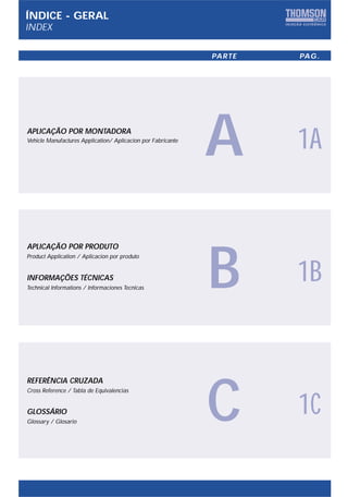 ÍNDICE - GERAL
INDEX

                                                              PARTE   PAG.




APLICAÇÃO POR MONTADORA
Vehicle Manufactures Application/ Aplicacion por Fabricante

                                                              A       1A



                                                              B
APLICAÇÃO POR PRODUTO
Product Application / Aplicacion por produto


INFORMAÇÕES TÉCNICAS
Technical Informations / Informaciones Tecnicas
                                                                      1B



                                                              C
REFERÊNCIA CRUZADA
Cross Reference / Tabla de Equivalencias


GLOSSÁRIO
Glossary / Glosario
                                                                      1C
 