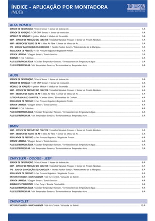 ÍNDICE - APLICAÇÃO POR MONTADORA
  INDEX

ALFA ROMEO
SENSOR DE DETONAÇÃO / Knock Sensor / Sensor de detonación....................................................................................................................... 1-A
SENSOR DE ROTAÇÃO / CKP-CMP Sensors / Sensor de revolucion...................................................................................................................... 1-A
MÓDULO DE IGNIÇÃO / Ignition Module / Modulo de Encendido........................................................................................................................ 1-A
MAP - SENSOR DE PRESSÃO DO COLETOR / Manifold Absolute Pressure / Sensor de Presión Absoluta.................................................................. 1-A
MAF - MEDIDOR DE FLUXO DE AR / Mass Air Flow / Sensor de Massa de Ar........................................................................................................ 1-A
TPS - SENSOR DA POSIÇÃO DE BORBOLETA / Throttle Position Sensor / Potenciómetro de la Mariposa.................................................................. 1-A
REGULADOR DE PRESSÃO / Fuel Pressure Regulator/Regulador Presión................................................................................................................ 1-A
SENSOR LAMBDA / Oxygen Sensor / Sonda Lambda.......................................................................................................................................... 2-A
BOBINAS / Coil / Bobinas.................................................................................................................................................................................. 2-A
PLUG ELETRÔNICO ÁGUA / Coolant Temperature Sensors / Termoresistencias Temperatura Agua........................................................................... 2-A
PLUG ELETRÔNICO AR / Air Temperature Sensors / Termoresistencias Temperatura Aire......................................................................................... 3-A



AUDI
SENSOR DE DETONAÇÃO / Knock Sensor / Sensor de detonación....................................................................................................................... 3-A
SENSOR DE ROTAÇÃO / CKP-CMP Sensors / Sensor de revolucion....................................................................................................................... 3-A
MÓDULO DE IGNIÇÃO / Ignition Module / Modulo de Encendido........................................................................................................................ 3-A
MAP - SENSOR DE PRESSÃO DO COLETOR / Manifold Absolute Pressure / Sensor de Presión Absoluta.................................................................. 4-A
MAF - MEDIDOR DE FLUXO DE AR / Mass Air Flow / Sensor de Massa de Ar........................................................................................................ 4-A
ELETROVÁLVULA DO CANISTER / Canister Valve / Eletrovalvula do Canister.......................................................................................................... 4-A
REGULADOR DE PRESSÃO / Fuel Pressure Regulator/Regulador Presión................................................................................................................ 4-A
SENSOR LAMBDA / Oxygen Sensor / Sonda Lambda.......................................................................................................................................... 4-A
BOBINAS / Coil / Bobinas................................................................................................................................................................................. 4-A
PLUG ELETRÔNICO ÁGUA / Coolant Temperature Sensors / Termoresistencias Temperatura Agua........................................................................... 4-A
PLUG ELETRÔNICO AR / Air Temperature Sensors / Termoresistencias Temperatura Aire......................................................................................... 5-A




BMW
MAP - SENSOR DE PRESSÃO DO COLETOR / Manifold Absolute Pressure / Sensor de Presión Absoluta.................................................................. 5-A
MAF - MEDIDOR DE FLUXO DE AR / Mass Air Flow / Sensor de Massa de Ar........................................................................................................ 6-A
REGULADOR DE PRESSÃO / Fuel Pressure Regulator / Regulador Presión.............................................................................................................. 6-A
SENSOR LAMBDA / Oxygen Sensor / Sonda Lambda.......................................................................................................................................... 6-A
PLUG ELETRÔNICO ÁGUA / Coolant Temperature Sensors / Termoresistencias Temperatura Agua........................................................................... 6-A
PLUG ELETRÔNICO AR / Air Temperature Sensors / Termoresistencias Temperatura Aire......................................................................................... 7-A



CHRYSLER - DODGE - JEEP
SENSOR DE DETONAÇÃO / Knock Sensor / Sensor de detonación....................................................................................................................... 8-A
MAP - SENSOR DE PRESSÃO DO COLETOR / Manifold Absolute Pressure / Sensor de Presión Absoluta.................................................................. 8-A
TPS - SENSOR DA POSIÇÃO DE BORBOLETA / Throttle Position Sensor / Potenciómetro de la Mariposa.................................................................. 8-A
REGULADOR DE PRESSÃO / Fuel Pressure Regulator / Regulador Presión.............................................................................................................. 8-A
MOTOR DE PASSO - MARCHA LENTA / Idle Air Control / Actuador de Ralentí....................................................................................................... 8-A
SENSOR LAMBDA / Oxygen Sensor / Sonda Lambda.......................................................................................................................................... 9-A
BOMBA DE COMBUSTÍVEL / Fuel Pump / Bomba Combustible.............................................................................................................................. 9-A
PLUG ELETRÔNICO ÁGUA / Coolant Temperature Sensors / Termoresistencias Temperatura Agua........................................................................... 9-A
PLUG ELETRÔNICO AR / Air Temperature Sensors / Termoresistencias Temperatura Aire......................................................................................... 9-A



CHEVROLET
MOTOR DE PASSO - MARCHA LENTA / Idle Air Control / Actuador de Ralentí...................................................................................................... 10-A
 