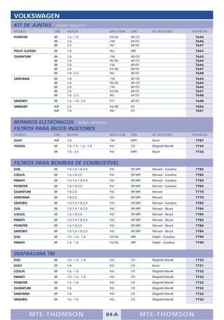 VOLKSWAGEN
KIT DE JUNTAS    GASKET / REPUESTO
MODELO          OBS    MOTOR                   ANO/YEAR   OBS         Nº OEM/OEM          THOMSON
POINTER         BR     1.6 - 1.8               94/96      AP-CFI                           7644
                BR     2.0                     /94        AP-EFI                           7646
                BR     2.0                     94/        AP-EFI                           7647
POLO CLASSIC    BR     1.8                     96/        MPI                              7654
QUANTUM         BR     1.8                     /94        AP-CFI                           7643
                BR     1.8                     95/96      AP-CFI                           7644
                BR     2.0                     /94        AP-EFI                           7646
                BR     2.0                     93/96      AP-EFI                           7647
                BR     1.8 - 2.0               96/        AP-EFI                           7648
SANTANA         BR     1.8                     /94        AP-CFI                           7643
                BR     1.8                     95/96      AP-CFI                           7644
                BR     2.0                     /94        AP-EFI                           7646
                BR     2.0                     93/96      AP-EFI                           7647
                BR     1.8 - 2.0               96/        AP-EFI                           7648
SAVEIRO         BR     1.6 - 1.8 - 2.0         97/        AP-EFI                           7648
VARIANT         IMP    2.0                     94/98      EFI                              7656
                IMP    1.8                     98/        EFI                              7651



REPAROS ELETRÔNICOS REPAIR / REPUESTOS
FILTROS PARA BICOS INJETORES
MODELO          OBS    MOTOR                   ANO/YEAR   OBS         Nº OEM/OEM          THOMSON
GOLF            IMP    1.8                     /96        MPFI        Bosch                7787
TODOS           BR     1.0 -1.5 - 1.6 - 1.8    94/        CFI         Magnetti-Marelli     7734
                BR     1.8 - 2.0               94/        MPFI        Bosch                7736


FILTROS PARA BOMBAS DE COMBUSTÍVEL
GOL             BR     1.0-1.6-1.8-2.0         94/        SPI-MPI     Marwal - Gasolina    7783
LOGUS           BR     1.6-1.8-2.0             94/        SPI-MPI     Marwal - Gasolina    7783
PARATI          BR     1.0-1.6-1.8-2.0         94/        SPI-MPI     Marwal - Gasolina    7783
POINTER         BR     1.6-1.8-2.0             94/        SPI-MPI     Marwal - Gasolina    7783
QUANTUM         BR     1.8-2.0                 94/        SPI-MPI     Marwal               7770
SANTANA         BR     1.8-2.0                 94/        SPI-MPI     Marwal               7770
SAVEIRO         BR     1.0-1.6-1.8-2.0         94/        SPI-MPI     Marwal - Gasolina    7783
GOL             BR     1.0-1.6-1.8-2.0         94/        SPI-MPI     Marwal - Álcool      7784
LOGUS           BR     1.6-1.8-2.0             94/        SPI-MPI     Marwal - Álcool      7784
PARATI          BR     1.0-1.6-1.8-2.0         94/        SPI-MPI     Marwal - Álcool      7784
POINTER         BR     1.6-1.8-2.0             94/        SPI-MPI     Marwal - Álcool      7784
SAVEIRO         BR     1.0-1.6-1.8-2.0         94/        SPI-MPI     Marwal - Álcool      7784
GOL             BR     1.0 - 1.6 - 1.8         94/96      MPI         Delphi - Gasolina    7790
PARATI          BR     1.6 - 1.8               94/96      MPI         Delphi - Gasolina    7790


DIAFRAGMA TBI
GOL             BR     1.0 - 1.6 - 1.8         94/        CFI         Magnetti-Marelli     7732
GOLF            BR     1.8                     92/        CFI         Bosch                7731
LOGUS           BR     1.6 - 1.8               94/        CFI         Magnetti-Marelli     7732
PARATI          BR     1.0 - 1.6 - 1.8         94/        CFI         Magnetti-Marelli     7732
POINTER         BR     1.6 - 1.8               94/        CFI         Magnetti-Marelli     7732
QUANTUM         BR     1.8                     94/        CFI         Magnetti-Marelli     7732
SANTANA         BR     1.8                     94/        CFI         Magnetti-Marelli     7732
SAVEIRO         BR     1.6 - 1.8               94/        CFI         Magnetti-Marelli     7732




          M TE -T HOMSON                      84-A                 MTE- THOMS ON
 