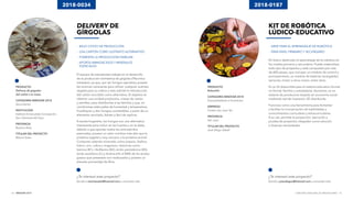 INNOVAR 2019 CONCURSO NACIONAL DE INNOVACIONES34 35
DELIVERY DE
GÍRGOLAS
- BAJO COSTO DE PRODUCCIÓN
- USA CARTÓN COMO SUSTRATO ALTERNATIVO
- FOMENTA LA PRODUCCIÓN FAMILIAR
- APORTA AMINOÁCIDOS Y MINERALES
- ESENCIALES
El equipo de estudiantes trabajó en el desarrollo
de la producción doméstica de gírgolas (Pleurotus
ostreatus), ya que, por ser hongos saprobios poseen
las enzimas necesarias para utilizar cualquier sustrato
vegetal para su cultivo y esto admite la introducción
del cartón reciclado como alternativa. El objetivo es
obtener una unidad productiva, a base de cartón
y semillas, para distribuirlas a las familias y que, en
condiciones adecuadas de humedad y temperatura,
fructifiquen y den hongos comestibles, a partir de un
elemento reciclado, barato y fácil de replicar.
A escala hogareña, los hongos son una alternativa
interesante para incluir en las huertas y en la dieta,
debido a que aportan todos los aminoácidos
esenciales, poseen un valor nutritivo más alto que la
proteína vegetal y muy cercano a la proteína animal.
Contienen además minerales como potasio, fósforo,
hierro, zinc, cobre y magnesio; vitaminas como
tiamina (B1), riboflavina (B2), ácido pantoténico (B3),
ácido ascórbico (C) y biotina (H); el 80% de los ácidos
grasos que presentan son insaturados y poseen un
elevado porcentaje de fibra.
¿Te interesó este proyecto?
Escribí a marinasoba@hotmail.com y conocelo más.
¿Te interesó este proyecto?
Escribí a josediegos@hotmail.com y conocelo más.
2018-0034 2018-0187
PRODUCTO
Delivery de gírgolas:
del cartón a tu mesa
CATEGORÍA INNOVAR 2018
Secundarios
INSTITUCIÓN
Instituto Inmaculada Concepción,
San Clemente del Tuyú
PROVINCIA
Buenos Aires
TITULAR DEL PROYECTO
Marina Soba
PRODUCTO
Robustito
CATEGORÍA INNOVAR 2018
Emprendedores e Inventores
EMPRESA
Cluster San Juan Tec
PROVINCIA
San Juan
TITULAR DEL PROYECTO
José Diego Saball
KIT DE ROBÓTICA
LÚDICO-EDUCATIVO
- SIRVE PARA EL APRENDIZAJE DE ROBÓTICA
- PARA NIVEL PRIMARIO Y SECUNDARIO
Kit lúdico destinado al aprendizaje de la robótica en
los niveles primario y secundario. Puede materializar
todo tipo de proyectos y está compuesto por más
de 600 piezas, que incluyen un módulo de control y
procesamiento, un módulo de baterías recargables,
sensores, motor y servo motor, entre otras.
Es un kit disponible para el sistema educativo formal,
no formal, familiar y autodidacta. Asimismo, es un
sistema de producción basado en economía social
mediante red de impresión 3D distribuida.
Funciona como una herramienta para fomentar
y facilitar la incorporación de habilidades y
conocimientos curriculares y extracurriculares.
A su vez, permite la proyección, ejecución y
prueba de proyectos integrales como solución
a diversas necesidades.
 