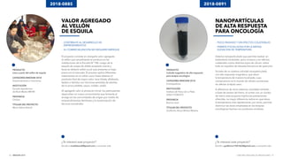 INNOVAR 2019 CONCURSO NACIONAL DE INNOVACIONES46 47
¿Te interesó este proyecto?
Escribí a mvalebrandi@gmail.com y conocelo más.
¿Te interesó este proyecto?
Escribí a guillermo1981462@gmail.com y conocelo más.
2018-0885 2018-0891
PRODUCTO
Lana a partir del vellón de esquila
CATEGORÍA INNOVAR 2018
Emprendedores e Inventores
INSTITUCIÓN
Escuela Agrotécnica
de Nivel Medio Në 740
PROVINCIA
Chubut
TITULAR DEL PROYECTO
María Valeria Brandi
PRODUCTO
Coloide magnético de alta respuesta
para terapia oncológica
CATEGORÍA INNOVAR 2018
Investigadores
INSTITUCIÓN
Instituto de Física de La Plata
(UNLP-CONICET)
PROVINCIA
Buenos aires
TITULAR DEL PROYECTO
Guillermo Arturo Muñoz Medina
VALOR AGREGADO
AL VELLÓN
DE ESQUILA
- CONTRIBUYE AL DESARROLLO DE
- EMPRENDIMIENTOS
- SU COMERCIALIZACIÓN NO REQUIERE EMPAQUE
El proyecto consiste en otorgarle valor agregado
al vellón que actualmente se produce en las
instalaciones de la Escuela N° 740. Luego de la
esquila de ovejas de doble propósito (carne y
lana) se obtiene vellón sucio que presenta un bajo
precio en el mercado. El proceso aplica diferentes
tratamientos en el vellón sucio hasta obtener el
producto final de mayor valor: lana hilada, afieltrado,
tejidos o teñidos con tinciones extraídas de plantas
de la zona (calafate, saúco, maitén, radal).
Al agregarle valor al producto inicial, los participantes
desarrollan un nuevo conocimiento que fomenta el
arraigo en las comunidades de origen por medio de
emprendimientos familiares y la revalorización de
técnicas ancestrales.
NANOPARTÍCULAS
DE ALTA RESPUESTA
PARA ONCOLOGÍA
- POCO INVASIVO Y SIN EFECTOS COLATERALES
- PERMITE POCAS DOSIS POR LA RÁPIDA
- ELEVACIÓN DE TEMPERATURA
Sistema nanoparticulado que permite realizar un
tratamiento localizado, poco invasivo y sin efectos
colaterales contra distintos tipos de cáncer, sobre
todo en aquellos de elevada frecuencia de aparición.
Se trata de un sistema coloidal nanoparticulado
con alta respuesta magnética, que eleva
la temperatura de manera localizada, cuya
consecuencia es la muerte de células cancerosas
sin afectar al tejido sano.
A diferencia de otros sistemas coloidales también
a base de óxidos de hierro, al contar con un núcleo
de hierro este proyecto triplica las prestaciones
ofrecidas. La mayor diferencia radica en que eleva
la temperatura más rápidamente, por tanto, permite
disminuir las dosis empleadas en las terapias
oncológicas hechas con productos similares.
 