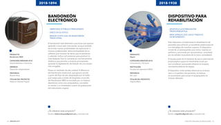 INNOVAR 2019 CONCURSO NACIONAL DE INNOVACIONES64 65
¿Te interesó este proyecto?
Escribí a federicofraysse@gmail.com y conocelo más.
2018-1894
PRODUCTO
Bandoneón MIDI
CATEGORÍA INNOVAR 2018
Emprendedores e Inventores
EMPRESA
Desarrollo independiente
PROVINCIA
Buenos Aires
TITULAR DEL PROYECTO
Federico Orlando Fraysse
¿Te interesó este proyecto?
Escribí a virgialfaro@gmail.com y conocelo más.
2018-1938
PRODUCTO
Xiguar
CATEGORÍA INNOVAR 2018
Universitarios y Terciarios
INSTITUCIÓN
Facultad de Ingeniería (UNSJ)
PROVINCIA
San Juan
TITULAR DEL PROYECTO
Virginia Alfaro
BANDONEÓN
ELECTRÓNICO
- ORIENTADO A PÚBLICO PRINCIPIANTE
- ÚNICO EN SU ESTILO
- MENOR COSTO QUE UN BANDONEÓN
- TRADICIONAL
El bandoneón está destinado a personas que quieran
aprender a tocar este instrumento, aunque también
les brinda nuevas posibilidades de exploración a
músicos profesionales. Viene acompañado de un
software que muestra las teclas que se presionan
y, además, indica cuál presionar para producir la
nota deseada. Esto lo convierte en una herramienta
didáctica que permite a usuarios principiantes
aprender la digitalización del teclado de una manera
más amigable.
Posee un resultado de alta calidad. A diferencia
del bandoneón tradicional, que genera sonido
a partir del flujo de aire desplazado por el fuelle
que luego pasa a través de lengüetas, el sonido
del Bandoneón MIDI es emulado por un sistema
electrónico como una computadora, una tablet,
un celular o un sintetizador a partir de grabaciones
del instrumento original.
DISPOSITIVO PARA
REHABILITACIÓN
- APUESTA A LA ESTIMULACIÓN
- PROPIOPERCEPTIVA
- MIDE SEÑALES QUE LUEGO TRADUCE
- EN MOVIMIENTO
Este dispositivo complementa la rehabilitación de
pacientes que sufrieron un accidente cerebrovascular
con hemiplejia de miembro superior. El dispositivo
consta de un exoesqueleto para mano, impreso en
polímero y accionado por servomotores, controlado
por las señales musculares de la mano contralateral.
El equipo parte de la hipótesis de que la estimulación
propioceptiva supera la meramente visual, por
eso consideran que puede utilizarse en terapias
neuroestimuladoras de espejo.
El dispositivo mide señales eléctricas en el brazo
sano o no parético del paciente y lo traduce
en movimiento para mover el exoesqueleto en
el brazo afectado.
 