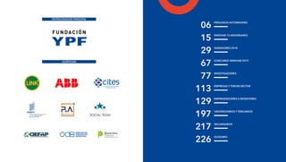PRÓLOGOS AUTORIDADES
INNOVAR 15 ANIVERSARIO
GANADORES 2018
06
15
29
EMPRESAS Y TERCER SECTOR
113
INVESTIGADORES
77
CONCURSO INNOVAR 2019
67
GLOSARIO
226
EMPRENDEDORES E INVENTORES
UNIVERSITARIOS Y TERCIARIOS
129
197
SECUNDARIOS
217
PATROCINADOR PRINCIPAL
AUSPICIAN
 