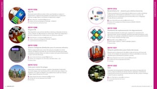 INNOVAR 2019 CONCURSO NACIONAL DE INNOVACIONES94 95
2019-1316
Bacteriolisina G+ - reactivo para eliminar bacterias
Proteína quimérica con la capacidad de adherirse con avidez a bacterias
patógenas de multirresistencia antibiótica e iniciar un proceso de
perforación de sus membranas, provocando daños en su integridad.
De alta eficiencia antibiótica.
	Carlos Gabriel Briones: gbriones@iibintech.com.ar
	 Instituto de Investigaciones Biotecnológicas (UNSAM-CONICET)
	 Buenos Aires
2019-1328
Plataforma de suplementación de oligonutrientes
Nanomaterial basado en cobre que, a través de un mecanismo de
liberación lenta, provee al ganado nutrientes que están ausentes en suelo.
Alternativa con ventajas comparativas respecto a la actual suplementación
de uso común. Producto de bajo costo.
	Matías Rafti: matias.rafti@gmail.com
	 INIFTA (UNLP-CONICET) - INTECH (UNSAM-CONICET)
	 Buenos Aires
2019-1331
Máquina peletizadora para frutos del monte
Máquina para la elaboración de pellets a base de harinas de frutos del
monte, con el objetivo de aprovechar en forma sustentable los recursos
naturales para la alimentación humana y animal.
	Rodrigo Alejandro Giacometti: yacogiaco@hotmail.com
	 Facultad de Ciencias Agropecuarias (UNC)
	Córdoba
2019-1332
DEO
Dispositivo de Enraizamiento Ordenado que estimula el desarrollo de
raíces y mejora la distribución de las raíces en plántulas, incrementa la
longitud de las raíces en sus primeras semanas de vida y reduce el tiempo
requerido para su trasplante.
	Julio César Ramos: jramos@fca.unl.edu.ar
	 Universidad Nacional del Litoral
	 Santa Fe
2019-1236
App-TB
Aplicación para telefonía celular móvil cuya finalidad es mejorar el
seguimiento y vigilancia de pacientes con tuberculosis. La aplicación
permite recoger datos y monitorear el tratamiento a seguir.
	Nancy Tateosian: nantateosian@gmail.com
	 Instituto de Química Biológica (FCEN-UBA - CONICET)
	 Ciudad Autónoma de Buenos Aires
2019-1248
Diagnos-TB
Test diagnóstico que permite identificar individuos infectados de forma
activa o latente con Mycobacterium tuberculosis. Este kit de diagnóstico
permite la detección de la tuberculosis con eficiencia y eficacia.
	Nicolás Amiano: nicolasamiano@hotmail.com
	 Instituto de Química Biológica (FCEN-UBA - CONICET)
	 Ciudad Autónoma de Buenos Aires
2019-1298
Sistema inteligente distribuido para el consumo eléctrico
Tablero programable para control de consumo energético en áreas
edilicias. El tablero es servidor de una red local de sensores que puede
conectarse y trasmitir datos a la nube en tiempo real, para monitorización
y mejor toma de decisiones.
	Laura Cristina De Giusti: laurydg75@gmail.com
	 Instituto de Investigación en Informática LIDI (INFO-UNLP - CIC)
	 Buenos Aires
2019-1313
Cebo para control de plagas
Cebos para monitorear el gusano cogollero (Spodoptera frugiperda),
una de las plagas más importantes de los cultivos de maíz y sorgo en la
Argentina. Los cebos se adaptan a las poblaciones locales de insectos,
y logran mayor eficacia en el control.
	Sergio Andrés Perusset: andresperusset@gmail.com
	 Facultad de Ciencias Agropecuarias (UNER)
	 Entre Ríos
INVESTIGADORES
INVESTIGADORES
 