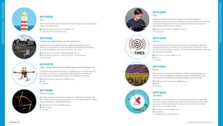 INNOVAR 2019 CONCURSO NACIONAL DE INNOVACIONES136 137
EMPRENDEDORESEINVENTORES
EMPRENDEDORESEINVENTORES
2019-0295
ISay
Aplicación gratuita interactiva, didáctica e intuitiva, basada en
pictogramas, que permite a las personas con autismo, síndrome de Down,
esclerosis tuberosa, ACV y otras condiciones de salud comunicar sus
necesidades, pensamientos y deseos.
Matías Pancorvo: mpancorvo@isayweb.com.ar
Buenos Aires
2019-0296
ioTires
Dispositivo que brinda información (presión, temperatura y kilómetros
realizados) en tiempo real sobre los neumáticos de un vehículo, lo que
permite una mejor gestión de estos. Orientado principalmente a empresas
de transporte en general.
Enzo Trucchi: trucchienzo@gmail.com
ioTires
Córdoba
2019-0303
Roota
Red neuronal profunda de inteligencia artificial para diagnóstico de
cultivos. Hace el diagnóstico de plagas a partir de fotos de las hojas
de las plantas. Actualmente enfocada al diagnóstico de viñedos.
Miguel Carminati: miguelcarminati@gmail.com
Roota
Mendoza
2019-0330
DEMEDIS
Aplicación móvil orientada a la mejora de la atención de los pacientes
clínicos de manera personalizada, a domicilio, de rápida atención y de
bajo costo. Vincula profesionales de la salud con pacientes a través
de una red, sin servidores fijos.
Luis Rodríguez: larohertz@gmail.com
UCOSMOS
Ciudad Autónoma de Buenos Aires
2019-0256
Faro
Aplicación de detección de medicamentos en tiempo real para personas
ciegas o con baja visión.
Guillermo Arispe: guillermo.arispe@gmail.com
Ciudad Autónoma de Buenos Aires
2019-0262
Control de aplicaciones de fitosanitarios
Sistema remoto de adquisición de variables agrometeorológicas.
Almacena y transmite a la nube pluviometría, temperatura, humedad
y presión atmosférica, velocidad y dirección de viento.
Adolfo Antonio Caamaño: elcampodehoy@gmail.com
Municipalidad de Ramallo - INTA San Nicolás - UTN San Nicolás
Buenos Aires
2019-0275
DAPI - Detección de Anomalías Agrícolas Por Imágenes
Proyecto de agricultura de precisión, compuesto por un sensor agrícola
montado en un drone y una plataforma de analítica para detección
temprana de anomalías relacionadas con la salud de los cultivos.
Miguel Carminati: miguelcarminati@gmail.com
DAPI
Mendoza
2019-0280
Runner Cycles
Bicicletas de diseño y fabricación propia con materiales importados de
alta calidad, que permiten al comprador co-crear y personalizar el rodado
según sus deseos o necesidades físicas.
David Corredor: dlcorredor@hotmail.com
Runner Cycles
Córdoba
 