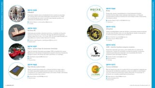 INNOVAR 2019 CONCURSO NACIONAL DE INNOVACIONES162 163
EMPRENDEDORESEINVENTORES
EMPRENDEDORESEINVENTORES
2019-1564
BreAr
Producción, acopio, industrialización y comercialización de goma
del árbol de brea. Baja costos, sustituye importaciones, con impacto
socioeconómico directo en familias de comunidades rurales, preservando
los bosques nativos.
Leónidas Gastón Cordi: cordileo@hotmail.com
Catamarca
2019-1572
Aloeplast
Plástico biodegradable a base de almidón y acemanato (sustancia extraída
del aloe vera), de bajo costo, con una degradación rápida, lo que genera
la disminución de la contaminación ambiental.
Rocío Prodolliet: roprodolliet@gmail.com
Instituto Superior ª Albert Sabinº
Córdoba
2019-1573
IHM² - Interfaz hombre-máquina modular
Dispositivo diseñado para actuar como interfaz física en sistemas de
autoservicio. Cuenta con una tablet, una base de soporte y numerosos
módulos opcionales para responder a las necesidades del cliente
(impresora, lector de tarjetas, etcétera).
Gonzalo Cervetti: cervetti.g@gmail.com
Noone Solutions
Córdoba
2019-1577
Carnes validadas
Red de creación de valor en la cadena de la carne argentina, integrada por
empresas de los diferentes eslabones, sobre una plataforma tecnológica
que une a todos los actores de la cadena ofreciendo al consumidor un
producto con completa trazabilidad (vía blockchain).
Diego Heinrich: diegoh04@gmail.com
Carnes Validadas S.A.S.
Buenos Aires
2019-1529
KINeBOT
Dispositivo robótico para la rehabilitación de la marcha en pacientes
que sufrieron ACV, entre otras patologías, aumentando en un 250%
las probabilidades de volver a caminar y permitiendo acceder a un
tratamiento de rehabilitación eficiente.
Orlando Alberoni: orlando.alberoni@gmail.com
Córdoba
2019-1531
Burletes BC
Especiales para puertas y ventanas comunes y corredizas, es de goma
espuma en tiras de 2,5 y 10 metros de largo de diferentes espesores,
anchos y altos (10 x 5 mm / 15 x 5 mm / 20 x 10 mm) y están forrados con
tela plástica sin costura visible. Viene en 23 colores.
Norberto Jorge Dagostino: betodagostino@yahoo.com.ar
Buenos Aires
2019-1537
Pilmic - primer traje de inmersión laminado
Traje de inmersión laminado que protege 100% la totalidad del cuerpo.
Mantiene por más tiempo la temperatura corporal, evitando la hipotermia.
Otorga al usuario más tiempo de sobre vida frente a un naufragio.
Jorge Natoli: jorgenatoli@hotmail.com
Pilmic
Buenos Aires
2019-1562
Teja híbrida (solar/verde)
Teja de cemento para protección y cubierta de techos a bajo costo y
con doble capacidad: puede producir energía con una celda solar, o
convertirse en una cubierta verde donde crece pasto. Pueden intercalarse
y sustituirse ambos tipos entre sí.
Eduardo Pérez: eariel2005@gmail.com
Buenos Aires
 