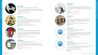 INNOVAR 2019 CONCURSO NACIONAL DE INNOVACIONES174 175
EMPRENDEDORESEINVENTORES
EMPRENDEDORESEINVENTORES
2019-2122
RehabilitAR
Plataforma que utiliza realidad aumentada e inteligencia artificial
para complementar los tratamientos de rehabilitación física, corrigiendo
y supervisando al paciente en tiempo real con tan solo la cámara de
su celular.
Matías Morsa: morsamatias@gmail.com
Virtualdot
Ciudad Autónoma de Buenos Aires
2019-2136
Fungipor
Desarrollo de materiales biodegradables a base de hongos como
reemplazo del telgopor. Usa rastrojos agrícolas combinados con el
micelio del hongo que cumple la función de aglutinante natural;
luego son moldeados.
Ayelén María Celeste Malgraf: hongosdelvalle.25@gmail.com
Hongos del Valle
Salta
2019-2152
Sistema domótico integral para personas
sordas e hipoacúsicas
Sistema domótico integral que incluye timbre con luz, despertador con
vibración y botón par alerta de emergencias. Permite accionamiento
remoto del despertador y de las luces ante emergencias. Instalación no
invasiva y 100% en la nube.
Leandro Ciribé: leandro@innoligent.com.ar
Innoligent
Santa Fe
2019-2156
Botón de alerta ante incendio para personas
sordas e hipoacúsicas
Botón de emergencias para edificios que permite alertar de forma remota
a los usuarios con discapacidad auditiva, ya sea que se encuentren
durmiendo o no, en sus departamentos.
Leandro Ciribé: leandro@innoligent.com.ar
Innoligent
Santa Fe
2019-2047
Sistema indirecto de dirección para cuatriciclos
Es mecánico y tiene la particularidad de no ser directo como el estándar.
Son palancas combinadas, regulables, y absorbe golpes. Reduce la fuerza
que se debe realizar al conducir.
Mario Voltolini: mvoltolini@house.com.ar
Buenos Aires
2019-2069
Alcaparras patagónicas
Proyecto, en etapa prototipo, que produce alcaparras para consumo
mediante cosecha en plantaciones propias sin agroquímicos ni
fertilizantes. Promueve el desarrollo local para exportación, sustituye
importaciones y es eco-amigable.
Pablo Chinni: pablochinni@hotmail.com
Alcaparras Patagónicas - Parque Ecológico Área ªE l Doradilloº
Chubut
2019-2073
Turbina generadora vertical con alabes modificados
Turbina eólica vertical axial con alabes modificados que mejora el
rendimiento y sus capacidades de cupla y de velocidad respecto
a velocidades bajas. Destaca su gran velocidad pese a pequeñas
velocidades y resistencia al viento.
Sebastián Keienburg: sebastian.keienburg@gmail.com
Buenos Aires
2019-2081
Control de fermentación de cerveza IoT
Tablero para el control automático del proceso de fermentación en la
elaboración de cerveza artesanal. Cuenta con acceso remoto mediante
Internet desde un celular y el envió de mails con alarmas y advertencias
sobre el proceso.
Ariel Sperduti: asperduti@ingeros.com
Santa Fe
 