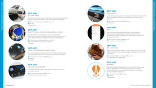 INNOVAR 2019 CONCURSO NACIONAL DE INNOVACIONES188 189
EMPRENDEDORESEINVENTORES
EMPRENDEDORESEINVENTORES
2019-2684
Cama térmica
Cama calefaccionada, que evita la utilización de artefactos a combustión.
Ahorro energético y maximización del confort con diseño de alta
seguridad.
César Hernán Cejas: cesar538914@gmail.com
Buenos Aires
2019-2688
Brikk
Aplicación móvil disponible para Android e IOS que facilita la
administración de propiedades en alquiler. Herramienta para
propietarios e inquilinos para el envío y recepción de comprobantes
de pagos de servicios.
Yamila Fraiman: yamilafraiman@gmail.com
Ciudad Autónoma de Buenos Aires
2019-2692
Karu - biodiseño
Biotecnología aplicada al diseño a través del desarrollo de un cuero de
origen microbiano como alternativa vegana y ecológica al cuero animal
y al sintético.
Verónica M. Bergottini: verobergottini@hotmail.com
Ciudad Autónoma de Buenos Aires
2019-2704
Accesapp
App gratuita disponible para Android e IOS, donde el usuario puede
obtener rápidamente un listado georreferenciado de todos los
servicios accesibles que ofrece el destino elegido y ver el detalle
de la accesibilidad de cada uno.
Noël Salviolo: noesalv12@hotmail.com
Accesapp
Buenos Aires
2019-2664
The Zone Sports
Herramienta de entrenamiento y análisis que utiliza la realidad virtual para
mejorar el rendimiento deportivo y la visión periférica de los atletas.
Esteban Juan José Aranda: jaranda@unsam.edu.ar
Play LAB
Buenos Aires
2019-2670
BoneFIT - Hueso artificial biodegradable a medida
Solución definitiva a la pérdida de hueso. Con propiedades
osteoinductivas para la regeneración del tejido óseo, impreso con un
hilo de desarrollo propio, modelado en 3D a partir de tomografía.
Andrea Rodríguez: aprodriguez@herrera.unt.edu.ar
Universidad Nacional de Tucumán - CONICET
Tucumán
2019-2673
EtOH1 - cuantificador de alcohol etílico
Sensor que permite la medición de alcohol etílico en muestras de vino
de manera rápida, precisa y con menor costo, mediante biosensado.
Lucio Simonella: luciosimonella08@gmail.com
NovoSens
Córdoba
2019-2675
Procesador de audio DSP
Procesador digital de audio de alta calidad en tiempo real para uso
en estudio o en vivo.
José Fuentes: josecarlosfuentes@gmail.com
Ciudad Autónoma de Buenos Aires
 