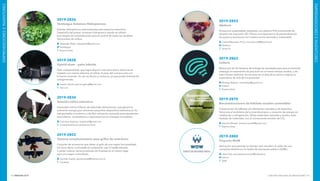 INNOVAR 2019 CONCURSO NACIONAL DE INNOVACIONES192 193
EMPRENDEDORESEINVENTORES
EMPRENDEDORESEINVENTORES
2019-2853
Abshura
Accesorios sustentables realizados con plástico PLA proveniente de
desecho de impresión 3D. Ofrece una experiencia de personalización
de joyería y accesorios con materia prima reciclada y sustentable.
Camila Macarena Picco: cami.picco38@gmail.com
Abshura
Santa Fe
2019-2863
Celleric
Reducción de los tiempos de entrega de resultados para que el paciente
obtenga un tratamiento de precisión en el menor tiempo posible, y de
esta manera optimizar los recursos en el área de la salud y mejorar la
expectativa de vida de los pacientes.
Rodrigo Nielsen: rolonielsen@gmail.com
Celleric
Buenos Aires
2019-2870
Bioconstrucciones de hábitats sociales sostenibles
Construcción de hábitats con elementos naturales y de desechos.
Soluciona el problema de la vivienda propia, y consumo de energía en
calefacción y refrigeración. Utiliza materiales naturales y locales, evita
traslado de materiales, con el consecuente emisión de CO2
.
Antonio Moretti: antonio.moretti@gmail.com
Buenos Aires
2019-2880
Proyecto WoW
Aplicación que permite, en tiempo real, transferir el saldo de una
compañía telefónica a la tarjeta de transporte público (SUBE).
Jesús Díaz: jesusdiazsoluciones@outlook.es
Initium
Salta
2019-2826
Verdeagua Sistemas Hidropónicos
Huertas hidropónicas automatizadas para espacios reducidos.
Desarrollo del primer container hidropónico donde se utilizan
tecnologías de automatización para el control de todas las variables
del proceso de cultivo.
Sebastián Padín: sebapadin@gmail.com
Verdeagua
Buenos Aires
2019-2828
Hybrid skate - patín híbrido
Patín independiente que logra adquirir más velocidad y distancia de
traslado con menos esfuerzo, al utilizar el peso del cuerpo junto con
la fuerza muscular. Su uso es diurno y nocturno, ya que posee iluminación
autogenerada.
Gastón García: garcia.ageo.g@gmail.com
San Luis
2019-2834
Estación eólica educativa
Generador eólico trifásico de reducidas dimensiones, que genera la
suficiente energía para alimentar pequeños dispositivos electrónicos. Es
transportable, económico y de fácil utilización, pensado para estudiantes
secundarios, universitarios y capacitaciones en energías renovables.
Francisco Goijman: f.goijman@gmail.com
Ciudad Autónoma de Buenos Aires
2019-2852
Sistema complementario para grifos de exteriores
Conjunto de accesorios que dotan al grifo de una mayor funcionalidad,
tal como llenar una botella sin sostenerla, usar el balde elevado
o poder colocar varios productos de limpieza en el mismo lugar
para una mayor comodidad.
Gerardo Suárez: gerahsuarez@hotmail.com.ar
Córdoba
 