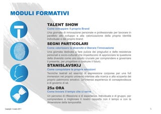 MODULI FORMATIVI

                          TALENT SHOW
                          Come sviluppare il proprio Brand
                          Una giornata di innovazione personale e professionale per lavorare in
                          parallelo allo sviluppo e alla valorizzazione della propria identità
                          individuale e del proprio brand.
                          SEGNI PARTICOLARI
                          Come valorizzare la diversità e liberare l’innovazione
                          Una giornata dedicata a fare pulizia dei pregiudizi e delle resistenze
                          personali e socio-culturali che impediscono di approcciare la questione
                          della diversità come uno snodo cruciale per comprendere e governare
                          il presente, per progettare e costruire il futuro.
                          STANISLAVSKIJ
                          Come conquistare le proprie emozioni
                          Tecniche teatrali ed esercizi di espressione corporea per una full
                          immersion nel proprio universo interiore alla ricerca e alla scoperta del
                          proprio patrimonio emotivo. Un’intensa esperienza di consapevolezza
                          e di governo di sè.

                          25a ORA
                          Come trovare il tempo che ci serve
                          Un percorso di riflessione e di esperienza, individuale e di gruppo, per
                          comprendere e migliorare il nostro rapporto con il tempo e con la
                          dimensione della temporalità.

Copyright In-spire 2011                                                                               6
 