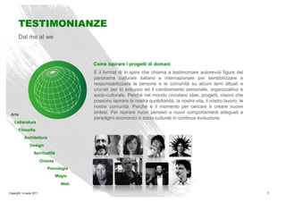 TESTIMONIANZE
       Dal me al we



                                            Come ispirare i progetti di domani
                                            È il format di In-spire che chiama a testimoniare autorevoli figure del
                                            panorama culturale italiano e internazionale per sensibilizzare e
                                            responsabilizzare le persone e le comunità su alcuni temi attuali e
                                            cruciali per lo sviluppo ed il cambiamento personale, organizzativo e
                                            socio-culturale. Perché nel mondo circolano idee, progetti, visioni che
                                            possono ispirare la nostra quotidianità, la nostra vita, il nostro lavoro, le
                                            nostre comunità. Perché è il momento per cercare e creare nuove
 Arte
                                            sintesi. Per ispirare nuovi pensieri e nuovi comportamenti adeguati a
                                            paradigmi economici e socio-culturali in continua evoluzione.
    Letteratura
       Filosofia
            Architettura
                Design
                   Spiritualità
                          Oriente
                             Psicologia
                                    Magia
                                      Web

Copyright In-spire 2011                                                                                                     8
 