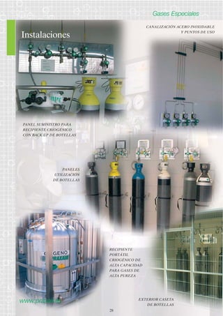 Instalaciones 
28 
Gases Especiales 
PANEL SUMINISTRO PARA 
RECIPIENTE CRIOGÉNICO 
CON BACK UP DE BOTELLAS 
www.praxair.es 
EXTERIOR CASETA 
DE BOTELLAS 
PANELES 
UTILIZACIÓN 
DE BOTELLAS 
RECIPIENTE 
PORTÁTIL 
CRIOGÉNICO DE 
ALTA CAPACIDAD 
PARA GASES DE 
ALTA PUREZA 
CANALIZACIÓN ACERO INOXIDABLE 
Y PUNTOS DE USO 
 