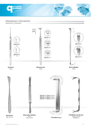 16 mm
Guthrie
16cm
Desmarres
16cm
Elevador Seldin
nº 23
QD.313.23
Henahan
QD.191.18
12 mm
14 mm
16 mm
Afastadores | Elevadores
Retractors | Elevators
QG.072.01
nº 1
QG.072.02
nº 2
15
Senn-Muller
16cm
Farabeuf (modificado)
13 mm x 15 cm
QG.660.15Farabeuf (par)
8,5 mm
8,5 mm
QG.665.10 7mm x 10 cm
QG.665.12 10mm x 12 cm
QG.665.15 13mm x 15 cm
 