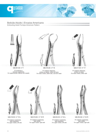 22
QB.001.00 / nº 1
P/ incisivos e
caninos superiores
For uppercentrals, laterais and cuspids
QB.018.05 / nº 18 L
P/ molares superiores,
lado esquerdo
For upper molars, left side
QB.018.06 / nº 18 R
P/ molares superiores,
lado direito
For upper molars, right side
QB.053.05 / nº 53 L
lado esquerdo
For upper molars, left side
P/ molares superiores,
QB.053.06 / nº 53 R
lado direito
For upper molars, right side
P/ molares superiores,
QB.016.00 / nº 16
P/ molares inferiores,
ambos os lados, chifre de touro
For lower molars, either side, cow-horn beak
QB.017.00 / nº 17
P/ molares inferiores,
ambos os lados
For lower molars, either side
Boticão Adulto | Encaixe Americano
Extracting Adult Forceps American Pattern
 