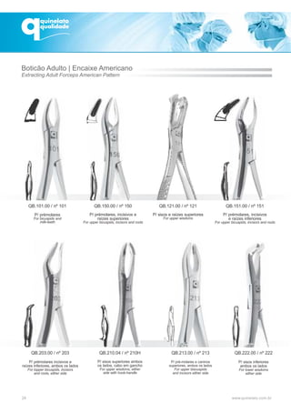 24
QB.101.00 / nº 101
P/ prémolares
For bicuspids and
milk-teeth
QB.150.00 / nº 150
P/ prémolares, incisivos e
raízes superiores
For upper bicuspids, incisors and roots
QB.121.00 / nº 121
P/ sisos e raízes superiores
For upper wisdoms
QB.203.00 / nº 203
P/ prémolares incisivos e
raízes inferiores, ambos os lados
For lopper bicuspids, incisors
and roots, either side
QB.210.04 / nº 210H
P/ sisos superiores ambos
os lados, cabo em gancho
For upper wisdoms, either
side with hook-handle
QB.222.00 / nº 222
P/ sisos inferiores
ambos os lados
For lower wisdoms
either side
Boticão Adulto | Encaixe Americano
Extracting Adult Forceps American Pattern
QB.151.00 / nº 151
P/ prémolares, incisivos
e raízes inferiores
For upper bicuspids, incisors and roots
QB.213.00 / nº 213
P/ pré-molares e caninos
superiores, ambos os lados
For upper biscuspids
and incisors either side
 