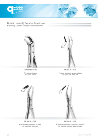QB.068.50 / nº 68
P/ raízes inferiores,ambos os lados
For lower roots, either side
QB.069.50 / nº 69
P/ fragmentos e raízes superiores e inferiores
For fragments and roots, upper and lower
26
Boticão Infantil | Encaixe Americano
Extracting Children Forceps American Pattern
QB.046.50 / nº 46
P/ incisivos inferiores
For lowers incisors
QB.065.50 / nº 65
P/ raízes superiores, ambos os lados
For upper roots, either side
 