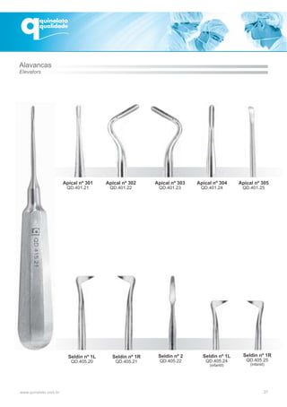 Seldin nº 1L
QD.405.20
Seldin nº 1R
QD.405.21
Seldin nº 2
QD.405.22
Seldin nº 1L
QD.405.24
(infantil)
Seldin nº 1R
QD.405.25
(infantil)
27
Alavancas
Elevators
Apical nº 301
QD.401.21
Apical nº 302
QD.401.22
Apical nº 303
QD.401.23
Apical nº 304
QD.401.24
Apical nº 305
QD.401.25
 