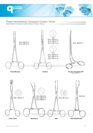 Pean-Murphy Kocher Kocher Angulada 90º
Allis Modificada
QL.134.00
AllisBackhausCollin Oval
31
Pinças Hemostáticas | Assepsia
Haemostatic Forceps | Cotton Swab | Towel | Tissue
| Campo | Tecido
Reta
Curva
QD 675.0019cm
19cm
18 cm
18 cm
QF 414.18
QF 415.18
Ponta ativa 14cm
 