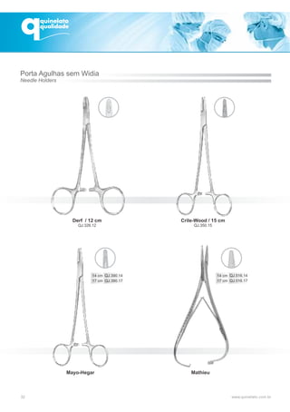32
Crile-Wood / 15 cm
QJ.350.15
Mayo-Hegar Mathieu
Derf / 12 cm
QJ.326.12
Porta Agulhas sem Widia
Needle Holders
 