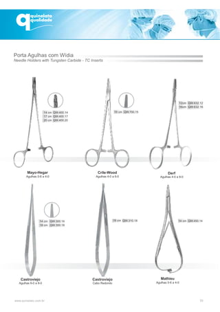 33
Porta Agulhas com Wídia
Needle Holders with Tungsten Carbide - TC Inserts
Mayo-Hegar
Agulhas 0-6 a 4-0
Crile-Wood
Agulhas 4-0 a 6-0
Mathieu
Agulhas 0-6 a 4-0
15 cm QW.700.15
14 cm QW.450.14
Castroviejo
Agulhas 6-0 a 8-0
Castroviejo
Cabo Redondo
QW.310.18
Derf
12cm QW.632.12
16cm QW.632.16
Agulhas 4-0 a 8-0
 