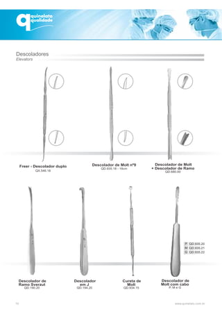 10
Freer - Descolador duplo
QX.546.18
Descolador de
Ramo Sverzut
QD.190.20
Descolador
em J
QD.194.20
Cureta de
Molt
QD.934.15
Descolador de
Molt com cabo
P, M e G
QD.935.20
QD.935.21
QD.935.22
P
M
G
Descolador de Molt nº9
QD.935.18 - 18cm
Descolador de Molt
+ Descolador de Ramo
QD.680.00
Descoladores
Elevators
 