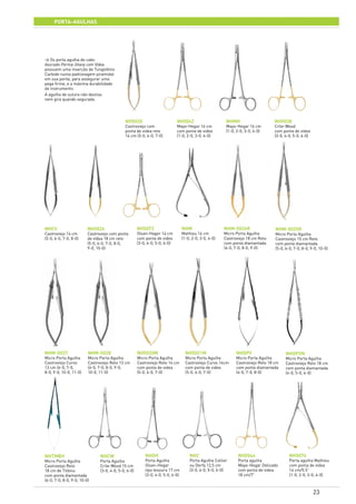 23
porta-agulhas
NH5020
Castroviejo com
ponta de videa reto
14 cm (5-0, 6-0, 7-0)
NH5072
Olsen-Hager 14 cm
com ponta de videa
(3-0, 4-0, 5-0, 6-0)
NHM-5027
Micro Porta Agulha
Castroviejo Curvo
13 cm (6-0, 7-0,
8-0, 9-0, 10-0, 11-0)
NHTMBH
Micro Porta Agulha
Castroviejo Reto
18 cm de Titânio
com ponta diamantada
(6-0, 7-0, 8-0, 9-0, 10-0)
NH5042
Mayo-Hegar 16 cm
com ponta de videa
(1-0, 2-0, 3-0, 4-0)
NHM
Mathieu 14 cm
(1-0, 2-0, 3-0, 4-0)
NHM-5028
Micro Porta Agulha
Castroviejo Reto 13 cm
(6-0, 7-0, 8-0, 9-0,
10-0, 11-0)
NHCW
Porta Agulha
Crile-Wood 15 cm
(3-0, 4-0, 5-0, 6-0)
NHMH
Mayo-Hegar 16 cm
(1-0, 2-0, 3-0, 4-0)
NH5020M
Micro Porta Agulha
Castroviejo Reto 14 cm
com ponta de videa
(5-0, 6-0, 7-0)
NHOH
Porta Agulha
Olsen-Hegar
tipo tesoura 17 cm
(3-0, 4-0, 5-0, 6-0)
NH5038
Crile-Wood
com ponta de videa
(3-0, 4-0, 5-0, 6-0)
NH5021M	
Micro Porta Agulha
Castroviejo Curvo 14cm
com ponta de videa
(5-0, 6-0, 7-0)
NHC
Porta Agulha Collier
ou Derfa 12,5 cm
(3-0, 4-0, 5-0, 6-0)
NHCV
Castroviejo 14 cm
(5-0, 6-0, 7-0, 8-0)
NHM-5026R
Micro Porta Agulha
Castroviejo 18 cm Reto
com ponta diamantada
(6-0, 7-0, 8-0, 9-0)
NHDPV
Micro Porta Agulha
Castroviejo Reto 18 cm
com ponta diamantada
(6-0, 7-0, 8-0)
NH5044
Porta agulha
Mayo-Hegar Delicado
com ponta de videa
18 cm/7”
NH5024
Castroviejo com ponta
de vídea 18 cm reto
(5-0, 6-0, 7-0, 8-0,
9-0, 10-0)
NHM-5025R
Micro Porta Agulha
Castroviejo 15 cm Reto
com ponta diamantada
(5-0, 6-0, 7-0, 8-0, 9-0, 10-0)
NHDPVN
Micro Porta Agulha
Castroviejo Reto 18 cm
com ponta diamantada
(4-0, 5-0, 6-0)
NH5076
Porta agulha Mathieu
com ponta de videa
14 cm/5.5”
(1-0, 2-0, 3-0, 4-0)
> Os porta agulha de cabo
dourado Perma-Sharp com Vídea
possuem uma inserção de Tungstênio
Carbide numa padronagem piramidal
em sua ponta, para assegurar uma
pega firme, e a máxima durabilidade
do instrumento.
A agulha de sutura não deslisa
nem gira quando segurada.
 