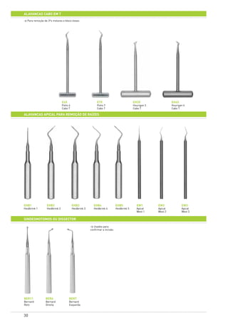 30
alavancaS cabo em T
EHB1
Heidbrink 1
EHB2
Heidbrink 2
EHB3
Heidbrink 3
EHB4
Heidbrink 4
E6X
Potts 6
Cabo T
EHB5
Heidbrink 5
E7X
Potts 7
Cabo T
EW1
Apical
West 1
BER11
Bernard
Reto
EH3X
Hourigan 3
Cabo T
EW2
Apical
West 2
BER6
Bernard
Direita
EH4X
Hourigan 4
Cabo T
EW3
Apical
West 3
BER7
Bernard
Esquerda
ALAVANCAS APICAL PARA REMOÇÃO DE RAÍZES
SINDESMOTOMOS ou dissector
> Para remoção de 3ºs molares e bloco ósseo.
> Usados para
confirmar a incisão.
 