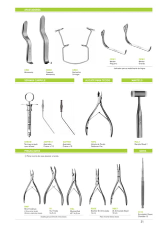 31
afastadores
CRM
Minnesota
SYRCW
Seringa carpule
com refluxo
CRM2
Cawood-
Minnesota
ASPFR12
Aspirador
Frazier nº12
RMF
Mini Friedman
• Para cortar tecido
fibroso e espículas ósseas
R1
Hu-Friedy
16,5 cm
RBEY
Bi-Articulado Beyer
18 cm CC13
Esculpidor Ósseo
Chandler 13
ASPFR8
Aspirador
Frazier nº8
NIPS
Alicate de Tecido
Goldman-Fox
MAL1
Martelo Mead 1
CRO2
Bochecha
Orringer
CRW1
Weider
Pequeno
CRW2
Weider
Grande
seringa carpule alicate para tecido martelo
pinçaS goiva goiva
RBOE
Boehler Bi-Articulada
16 cm
RBL
Blumenthal
45° 14,5 cm
> Para recorte de osso alveolar e tecido.
Usados para acerto de crista óssea. Para recortar bloco ósseo.
Indicados para a imobilização da língua.
 