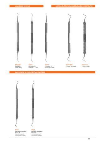 35
instrumentos para COLOCAÇÃo de fio retrator
instrumentos para preparo cavitário
COLHER DE DENTINA
EXC220/1
Escavador
Darby-Perry
MT28
Aparador de Margem
Distal 28
• também chamado
Instrumental de Black
GCP113NS
113 Não Serrilhado
EXC14
Escavador 14
(ponta de 1,5 mm)
MT29
Aparador de Margem
Mesial 29
• também chamado
Instrumental de Black
GCP113-6
113 Serrilhado
EXC17
Escavador 17
(ponta de 1,2 mm)
 