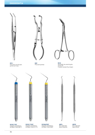 36
EPL1
Pinça para cone de guta
percha com trava
RCSD11TSNT
Alargador Endodôntico
de Niquel Titanio D11TS
RCSD11TNT
Alargador Endodôntico
de Niquel Titanio #D11T
MRFR
Micro Aplicador
Apical Direito
RDF
Pinça para grampo
RCSMA57NT
Alargador Endodôntico
de Niquel Titanio MA57
RF45
Removedor de cones de gutta
percha 45º
• também chamado Pinça Steiglitz
MRFL
Micro Aplicador
Apical Esquerdo
endodontiaendodontia
 