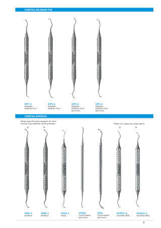 9
curetas goldman-fox
curetas diversas
SGF1-6
Raspador
Goldman-Fox 1
SDM1-6
de Marco
SDM2-6
de Marco
S204S-6
Sickle
SCK6D
Crane-Kaplan
para furca
SCK6
Crane-Kaplan
para furca
SC2R/2L-6
Columbia 2R/2L
SC4R/4L-6
Columbia 4R/4L
SGF2-6
Raspador
Goldman-Fox 2
SGF3-6
Raspador
Goldman-Fox 3
para furca
SGF4-6
Raspador
Goldman-Fox 4
para furca
Design específico para raspagem de raízes
e furcas e para debridar tecido granulado. Podem ser usadas em campo aberto.
>
>
> >
 