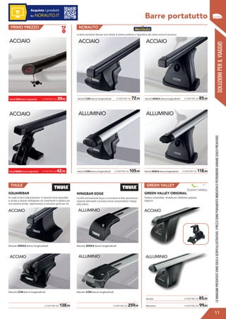 VeicoliSENZAbarrelongitudinali A PARTIRE DA 42,95
Veicoli CON barre longitudinali A PARTIRE DA 39,95
ACCIAIO
ACCIAIO
ALLUMINIO
Veicoli CON barre longitudinali A PARTIRE DA 105,90
ACCIAIO
Veicoli CON barre longitudinali A PARTIRE DA 72,90
Barre portatutto
SQUAREBAR
Se usate le barre saltuariamente, le classiche thule SquareBar
in acciaio a sezione rettangolare con rivestimento in plastica per
una massima durata, rappresentano la soluzione giusta per voi.
WINGBAR EDGE
Il profilo estremamente basso e la vicinanza al tetto garantiscono
massima silenziosità e sicurezza senza compromettere il design
della vettura.
GREEN VALLEY ORIGINAL
Sistema componibile, studiato per soddisfare qualsiasi
esigenza.
Veicolo SENZA barre longitudinali Veicolo SENZA barre longitudinali
ACCIAIO ACCIAIO
Veicolo CON barre longitudinali Veicolo CON barre longitudinali
ACCIAIO ALLUMINIO
Le barre portatutto Norauto sono dotate di sistema antifurto e rispondono alle ultime norme di sicurezza.
SOLUZIONIPERILVIAGGIO
?
LEIMMAGINIPRESENTATESONOSOLOASCOPOILLUSTRATIVO.IPREZZISONOPURAMENTEINDICATIVIEPOTREBBEROVARIARESENZAPREAVVISO.
PRIMO PREZZO NORAUTO
Véhicule SANS barres
latérales d’origine
ACCIAIO
Veicoli SENZA barre longitudinali A PARTIRE DA 85,85
ALLUMINIO
Veicoli SENZA barre longitudinali A PARTIRE DA 118,85
THULE GREEN VALLEY
	 A PARTIRE DA 138,90 Alluminio	 A PARTIRE DA 99,85	 A PARTIRE DA 259,95
11
ALLUMINIO
ALLUMINIO
Acquista i prodotti
su NORAUTO.IT
Acciaio	 A PARTIRE DA 85,85
 