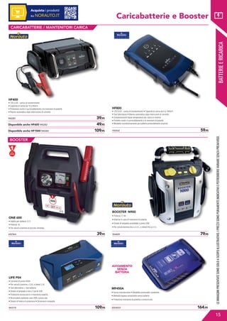 CARICABATTERIE / MANTENITORI CARICA
2054033	 164,95
MF450A
• Senza manutenzione • Modalità preriscaldo candelette
• Modalità bypass avviamento senza batteria
• Protezione inversione di polarità e cortocircuito
HF400
• 12V 4.0A - carica di mantenimento
• Capacità di carica da 10 a 80A/h
• Protezione contro il surriscaldamento e le inversioni di polarità
• Riavvio automatico dopo interruzione di corrente
700542	 59,95
940281	 39,95
Disponibile anche HF600 940282	 49,95
Disponibile anche HF1500 940283	 109,95
HF800
• 12V 8.0A - carica di mantenimento • Capacità di carica da 6 a 180A/h
• Test alternatore • Riavvio automatico dopo interruzioni di corrente
• Compensazione basse temperature per carica in inverno
• Protetto contro il surriscaldamento e le inversioni di polarità
• Modalità ricondizionamento per batterie profondamente scariche
652364	 39,95
BATTERIEERICARICA
Caricabatterie e Booster
LEIMMAGINIPRESENTATESONOSOLOASCOPOILLUSTRATIVO.IPREZZISONOPURAMENTEINDICATIVIEPOTREBBEROVARIARESENZAPREAVVISO.
15
Acquista i prodotti
su NORAUTO.IT
ONE 600
• Adatto per batterie 12 V
• Potenza 7A
• Per veicoli a benzina di piccola cilindrata
943775	 109,95
LIFE P04
• Corrente di punta 450A
• Per veicoli a benzina 3.0L e diesel 2.0L
• Test alternatore + test batteria
• Dotato di lampada a led e 2 porte USB
• Protezione sovraccarico e inversione polarità
• Ricaricabile mediante cavo USB o presa rete
• Dotato di fodera di protezione • Dimensioni compatte
BOOSTER
BOOSTER N900
• Potenza 17 Ah
• Allarme in caso di inversione di polarità
• Dotato di lampada orientabile e presa USB
• Per veicoli benzina fino a 3.0 L. e diesel fino a 2.5 L
356829	 79,95
AVVIAMENTO
SENZA
BATTERIA
 