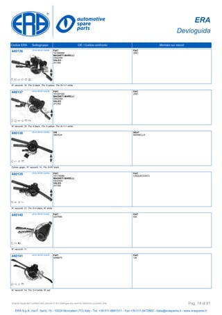 ERA
Devioguida
Codice ERA Sottogruppo OE / Codice confronto Montato sui veicoli
440136 LEVA DEVIO GUIDA FIAT
181996880
MAGNETI MARELLI
DA42356
VALEO
251384
FIAT
UNO
N° raccordi: 19, Pin: 5 black, Pin: 6 yellow, Pin: 6+1+1 white
440137 LEVA DEVIO GUIDA FIAT
181997280
MAGNETI MARELLI
DA42358
VALEO
251383
FIAT
UNO
N° raccordi: 18, Pin: 4 black, Pin: 6 yellow, Pin: 6+1+1 white
440138 LEVA DEVIO GUIDA VW
3963524
SEAT
MARBELLA
Colore: grigio, N° raccordi: 14, Pin: 8+6F black
440139 LEVA DEVIO GUIDA FIAT
181739980
MAGNETI MARELLI
DA43004
VALEO
251354
FIAT
CINQUECENTO
N° raccordi: 13, Pin: 5+4 black, 4F white
440140 LEVA DEVIO GUIDA FIAT
4207590
FIAT
500
N° raccordi: 11
440141 LEVA DEVIO GUIDA FIAT
5998675
FIAT
126
N° raccordi: 14, Pin: 5+4 white, 5F red
ERA S.p.A. Via F. Santi, 15 - 10024 Moncalieri (TO) Italy - Tel. +39 011.6891511 - Fax +39 011.6472862 - italia@eraspares.it - www.eraspares.it
Original equipment numbers and pictures in this catalogue are used for reference purposes only. Pag. 14 di 81
 