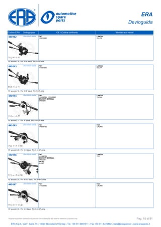 ERA
Devioguida
Codice ERA Sottogruppo OE / Codice confronto Montato sui veicoli
440142 LEVA DEVIO GUIDA FIAT
176972980
LANCIA
DELTA
N° raccordi: 15, Pin: 5+2F black, Pin: 5+3F white
440143 LEVA DEVIO GUIDA FIAT
177057680
LANCIA
DELTA
N° raccordi: 16, Pin: 5+3F black, Pin: 5+3F white
440144 LEVA DEVIO GUIDA FIAT
176556580, 176762680
MAGNETI MARELLI
DA42329
LANCIA
THEMA
N° raccordi: 17, Pin: 5F black, Pin: 6+4+2F white
440145 LEVA DEVIO GUIDA FIAT
176895780
FIAT
CROMA
N° raccordi: 20, Pin: 5+3 black, Pin: 6+4+2F white
440146 LEVA DEVIO GUIDA FIAT
181482780
MAGNETI MARELLI
DA42338
VALEO
251407
LANCIA
Y10
N° raccordi: 20, Pin: 4+3+2 black, Pin: 6+4+1 white
440147 LEVA DEVIO GUIDA FIAT
177026580
FIAT
CROMA
N° raccordi: 20, Pin: 5+3 black, Pin: 6+4+2F white
ERA S.p.A. Via F. Santi, 15 - 10024 Moncalieri (TO) Italy - Tel. +39 011.6891511 - Fax +39 011.6472862 - italia@eraspares.it - www.eraspares.it
Original equipment numbers and pictures in this catalogue are used for reference purposes only. Pag. 15 di 81
 