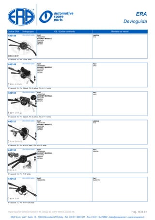 ERA
Devioguida
Codice ERA Sottogruppo OE / Codice confronto Montato sui veicoli
440148 LEVA DEVIO GUIDA FIAT
182302980
MAGNETI MARELLI
DA43006
VALEO
251409
LANCIA
Y10
N° raccordi: 18, Pin: 12+6F white
440149 LEVA DEVIO GUIDA FIAT
182426980
MAGNETI MARELLI
DA42390
VALEO
251382
FIAT
UNO
N° raccordi: 19, Pin: 5 black, Pin: 6 yellow, Pin: 6+1+1 white
440150 LEVA DEVIO GUIDA FIAT
182427080
MAGNETI MARELLI
DA42391
VALEO
251379
FIAT
UNO
N° raccordi: 18, Pin: 4 black, Pin: 6 yellow, Pin: 6+1+1 white
440151 LEVA DEVIO GUIDA FIAT
182191480
MAGNETI MARELLI
DA42394
VALEO
251408
LANCIA
Y10
N° raccordi: 20, Pin: 4+3+2F black, Pin: 6+4+1F white
440152 LEVA DEVIO GUIDA FIAT
182904480
MAGNETI MARELLI
DA43005
VALEO
251369
FIAT
PANDA
N° raccordi: 13, Pin: 7+6F white
440153 LEVA DEVIO GUIDA FIAT
182645780
FIAT
DUCATO
N° raccordi: 17, Pin: 6+5+4+2F black
ERA S.p.A. Via F. Santi, 15 - 10024 Moncalieri (TO) Italy - Tel. +39 011.6891511 - Fax +39 011.6472862 - italia@eraspares.it - www.eraspares.it
Original equipment numbers and pictures in this catalogue are used for reference purposes only. Pag. 16 di 81
 