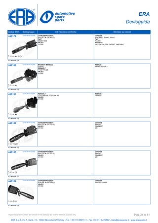 ERA
Devioguida
Codice ERA Sottogruppo OE / Codice confronto Montato sui veicoli
440179 LEVA DEVIO GUIDA CITROEN/PEUGEOT
6253 61, 96 236 416 ZL
FIAT
9623641669
VALEO
251280
CITROËN
BERLINGO, JUMPY, SAXO
FIAT
SCUDO
PEUGEOT
106, 106 Van, 306, EXPERT, PARTNER
N° raccordi: 14
440180 LEVA DEVIO GUIDA MAGNETI MARELLI
DJ0076
RENAULT
77 00 777 226
VALEO
251282
RENAULT
RAPID, SUPER 5
N° raccordi: 10
440181 LEVA DEVIO GUIDA RENAULT
77 01 046 629, 77 01 054 305
VALEO
251298
RENAULT
TWINGO
N° raccordi: 10
440182 LEVA DEVIO GUIDA CITROEN/PEUGEOT
6253 75, 96 274 722 ZL
VALEO
251304
CITROËN
XANTIA
PEUGEOT
406
N° raccordi: 12
440183 LEVA DEVIO GUIDA CITROEN/PEUGEOT
6253 74, 96 274 721 ZL
VALEO
251305
CITROËN
XANTIA
PEUGEOT
406
N° raccordi: 11
440184 LEVA DEVIO GUIDA CITROEN/PEUGEOT
6239 H6, 96 247 562 ZL
VALEO
251306
CITROËN
XANTIA, XSARA
N° raccordi: 10
ERA S.p.A. Via F. Santi, 15 - 10024 Moncalieri (TO) Italy - Tel. +39 011.6891511 - Fax +39 011.6472862 - italia@eraspares.it - www.eraspares.it
Original equipment numbers and pictures in this catalogue are used for reference purposes only. Pag. 21 di 81
 