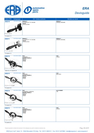 ERA
Devioguida
Codice ERA Sottogruppo OE / Codice confronto Montato sui veicoli
440210 LEVA DEVIO GUIDA RENAULT
77 01 044 278, 77 01 045 864
VALEO
251438, 251440
RENAULT
KANGOO, MEGANE
N° raccordi: 15
440211 LEVA DEVIO GUIDA RENAULT
77 01 044 279, 77 01 045 865
VALEO
251439, 251441
RENAULT
KANGOO, MEGANE
N° raccordi: 15
440212 LEVA DEVIO GUIDA FIAT
735292038
MAGNETI MARELLI
DA43191
VALEO
251508
FIAT
DOBLO
Colore: blu, N° raccordi: 29
440213 LEVA DEVIO GUIDA FIAT
735272754
MAGNETI MARELLI
DA43167
VALEO
251353
FIAT
MULTIPLA
N° raccordi: 33
440214 LEVA DEVIO GUIDA FIAT
00156024516, 156024516
MAGNETI MARELLI
DA43179
VALEO
251341
ALFA ROMEO
156
N° raccordi: 34
440215 LEVA DEVIO GUIDA FIAT
735254002
MAGNETI MARELLI
DA43097
VALEO
251364
FIAT
MAREA
N° raccordi: 34
ERA S.p.A. Via F. Santi, 15 - 10024 Moncalieri (TO) Italy - Tel. +39 011.6891511 - Fax +39 011.6472862 - italia@eraspares.it - www.eraspares.it
Original equipment numbers and pictures in this catalogue are used for reference purposes only. Pag. 25 di 81
 