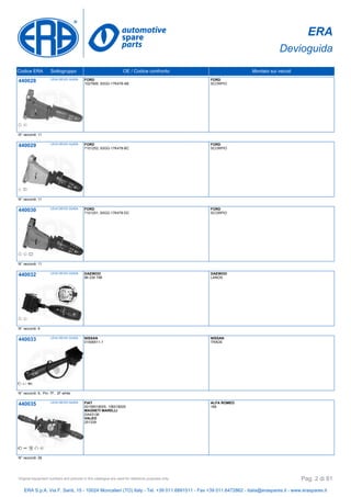 ERA
Devioguida
Codice ERA Sottogruppo OE / Codice confronto Montato sui veicoli
440028 LEVA DEVIO GUIDA FORD
1027906, 93GG-17K478-AB
FORD
SCORPIO
N° raccordi: 11
440029 LEVA DEVIO GUIDA FORD
7101252, 93GG-17K478-BC
FORD
SCORPIO
N° raccordi: 11
440030 LEVA DEVIO GUIDA FORD
7101251, 93GG-17K478-DC
FORD
SCORPIO
N° raccordi: 11
440032 LEVA DEVIO GUIDA DAEWOO
96 230 798
DAEWOO
LANOS
N° raccordi: 9
440033 LEVA DEVIO GUIDA NISSAN
01506511-1
NISSAN
TRADE
N° raccordi: 9, Pin: 7F, 2F white
440035 LEVA DEVIO GUIDA FIAT
00156018005, 156018005
MAGNETI MARELLI
DA43136
VALEO
251339
ALFA ROMEO
166
N° raccordi: 26
ERA S.p.A. Via F. Santi, 15 - 10024 Moncalieri (TO) Italy - Tel. +39 011.6891511 - Fax +39 011.6472862 - italia@eraspares.it - www.eraspares.it
Original equipment numbers and pictures in this catalogue are used for reference purposes only. Pag. 2 di 81
 