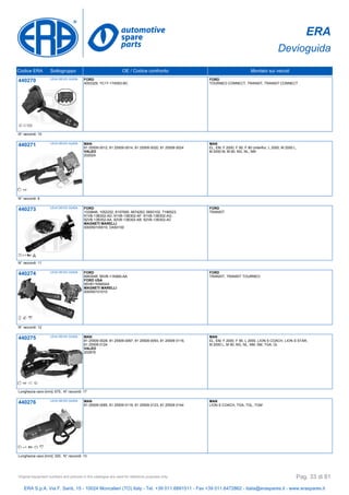 ERA
Devioguida
Codice ERA Sottogruppo OE / Codice confronto Montato sui veicoli
440270 LEVA DEVIO GUIDA FORD
4053329, YC1T-17A553-BC
FORD
TOURNEO CONNECT, TRANSIT, TRANSIT CONNECT
N° raccordi: 10
440271 LEVA DEVIO GUIDA MAN
81 25509 0012, 81 25509 0014, 81 25509 0020, 81 25509 0024
VALEO
202024
MAN
EL, EM, F 2000, F 90, F 90 Unterflur, L 2000, M 2000 L,
M 2000 M, M 90, NG, NL, NM
N° raccordi: 9
440273 LEVA DEVIO GUIDA FORD
1029846, 1052252, 6197690, 6674263, 6693102, 7186523,
91VB-13B302-AD, 91VB-13B302-AF, 91VB-13B302-AG,
92VB-13B302-AA, 92VB-13B302-AB, 92VB-13B302-AC
MAGNETI MARELLI
000050100010, DA50100
FORD
TRANSIT
N° raccordi: 11
440274 LEVA DEVIO GUIDA FORD
6993548, 95VB-11K665-AA
FORD USA
95VB11K665AA
MAGNETI MARELLI
000050101010
FORD
TRANSIT, TRANSIT TOURNEO
N° raccordi: 12
440275 LEVA DEVIO GUIDA MAN
81 25509 0028, 81 25509 0067, 81 25509 0093, 81 25509 0119,
81 25509 0124
VALEO
202876
MAN
EL, EM, F 2000, F 90, L 2000, LION S COACH, LION S STAR,
M 2000 L, M 90, NG, NL, NM, SM, TGA, ÜL
Lunghezza cavo [mm]: 670, N° raccordi: 17
440276 LEVA DEVIO GUIDA MAN
81 25509 0085, 81 25509 0118, 81 25509 0123, 81 25509 0144
MAN
LION S COACH, TGA, TGL, TGM
Lunghezza cavo [mm]: 320, N° raccordi: 13
ERA S.p.A. Via F. Santi, 15 - 10024 Moncalieri (TO) Italy - Tel. +39 011.6891511 - Fax +39 011.6472862 - italia@eraspares.it - www.eraspares.it
Original equipment numbers and pictures in this catalogue are used for reference purposes only. Pag. 33 di 81
 