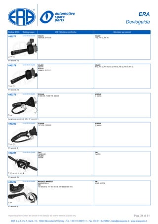 ERA
Devioguida
Codice ERA Sottogruppo OE / Codice confronto Montato sui veicoli
440277 LEVA DEVIO GUIDA VOLVO
1624135, 3172170
VOLVO
F 12, FH 12, FH 16
N° raccordi: 12
440278 LEVA DEVIO GUIDA VALEO
202340
VOLVO
1096413, 3172171
VOLVO
B 12, FH 12, FH 16, FL 6, FM 10, FM 12, FM 7, NH 12
N° raccordi: 13
440279 LEVA DEVIO GUIDA SCANIA
0 360 248, 1 358 175, 360248
SCANIA
3 - series
Lunghezza cavo [mm]: 420, N° raccordi: 9
440280 LEVA DEVIO GUIDA SCANIA
1373190, 1402449
SCANIA
4 - series
N° raccordi: 9
440281 LEVA DEVIO GUIDA FIAT
735381051
VALEO
251506
FIAT
PUNTO
N° raccordi: 34
440282 LEVA DEVIO GUIDA MAGNETI MARELLI
000050079010
VW
191 953 513, 191 953 513 B, 191 953 513 B 01C
VW
GOLF, JETTA
N° raccordi: 6
ERA S.p.A. Via F. Santi, 15 - 10024 Moncalieri (TO) Italy - Tel. +39 011.6891511 - Fax +39 011.6472862 - italia@eraspares.it - www.eraspares.it
Original equipment numbers and pictures in this catalogue are used for reference purposes only. Pag. 34 di 81
 
