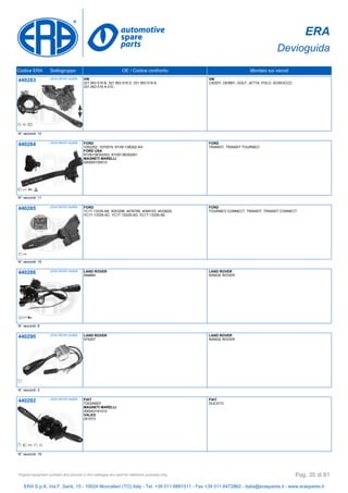 ERA
Devioguida
Codice ERA Sottogruppo OE / Codice confronto Montato sui veicoli
440283 LEVA DEVIO GUIDA VW
321 953 519 B, 321 953 519 D, 331 953 519 A,
331 953 519 A 01C
VW
CADDY, DERBY, GOLF, JETTA, POLO, SCIROCCO
N° raccordi: 12
440284 LEVA DEVIO GUIDA FORD
1052252, 1070574, 91VB-13B302-AH
FORD USA
91VB13B302AG, 91VB13B302AH
MAGNETI MARELLI
000050100010
FORD
TRANSIT, TRANSIT TOURNEO
N° raccordi: 11
440285 LEVA DEVIO GUIDA FORD
1C1T-13335-AB, 4053296, 4078790, 4099103, 4533629,
YC1T-13335-AC, YC1T-13335-AD, YC1T-13335-AE
FORD
TOURNEO CONNECT, TRANSIT, TRANSIT CONNECT
N° raccordi: 10
440286 LEVA DEVIO GUIDA LAND ROVER
589884
LAND ROVER
RANGE ROVER
N° raccordi: 8
440290 LEVA DEVIO GUIDA LAND ROVER
575257
LAND ROVER
RANGE ROVER
N° raccordi: 3
440292 LEVA DEVIO GUIDA FIAT
735309507
MAGNETI MARELLI
000043181010
VALEO
251573
FIAT
DUCATO
N° raccordi: 19
ERA S.p.A. Via F. Santi, 15 - 10024 Moncalieri (TO) Italy - Tel. +39 011.6891511 - Fax +39 011.6472862 - italia@eraspares.it - www.eraspares.it
Original equipment numbers and pictures in this catalogue are used for reference purposes only. Pag. 35 di 81
 