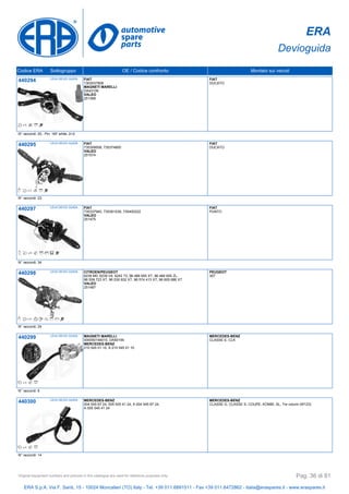 ERA
Devioguida
Codice ERA Sottogruppo OE / Codice confronto Montato sui veicoli
440294 LEVA DEVIO GUIDA FIAT
1303037808
MAGNETI MARELLI
DA43106
VALEO
251368
FIAT
DUCATO
N° raccordi: 20, Pin: 16F white, 2+2
440295 LEVA DEVIO GUIDA FIAT
735309508, 735374800
VALEO
251574
FIAT
DUCATO
N° raccordi: 23
440297 LEVA DEVIO GUIDA FIAT
735337940, 735381039, 735400222
VALEO
251475
FIAT
PUNTO
N° raccordi: 34
440298 LEVA DEVIO GUIDA CITROEN/PEUGEOT
6239 M0, 6239 V4, 6242 73, 96 466 655 XT, 96 466 655 ZL,
96 509 723 XT, 96 530 932 XT, 96 574 413 XT, 96 605 686 XT
VALEO
251487
PEUGEOT
307
N° raccordi: 24
440299 LEVA DEVIO GUIDA MAGNETI MARELLI
000050194010, DA50194
MERCEDES-BENZ
210 545 01 10, A 210 545 01 10
MERCEDES-BENZ
CLASSE E, CLK
N° raccordi: 6
440300 LEVA DEVIO GUIDA MERCEDES-BENZ
004 545 67 24, 005 545 41 24, A 004 545 67 24,
A 005 545 41 24
MERCEDES-BENZ
CLASSE G, CLASSE S, COUPE, KOMBI, SL, Tre volumi (W123)
N° raccordi: 14
ERA S.p.A. Via F. Santi, 15 - 10024 Moncalieri (TO) Italy - Tel. +39 011.6891511 - Fax +39 011.6472862 - italia@eraspares.it - www.eraspares.it
Original equipment numbers and pictures in this catalogue are used for reference purposes only. Pag. 36 di 81
 