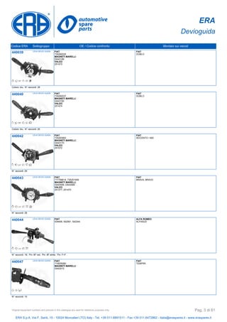 ERA
Devioguida
Codice ERA Sottogruppo OE / Codice confronto Montato sui veicoli
440039 LEVA DEVIO GUIDA FIAT
735292035
MAGNETI MARELLI
DA43189
VALEO
251473
FIAT
DOBLO
Colore: blu, N° raccordi: 29
440040 LEVA DEVIO GUIDA FIAT
735292037
MAGNETI MARELLI
DA43190
VALEO
251474
FIAT
DOBLO
Colore: blu, N° raccordi: 25
440042 LEVA DEVIO GUIDA FIAT
735293993
MAGNETI MARELLI
DA43170
VALEO
251572
FIAT
SEICENTO / 600
N° raccordi: 29
440043 LEVA DEVIO GUIDA FIAT
717756614, 735251559
MAGNETI MARELLI
DA43046, DA43085
VALEO
251377, 251470
FIAT
BRAVA, BRAVO
N° raccordi: 28
440044 LEVA DEVIO GUIDA FIAT
539406, 542061, 542244
ALFA ROMEO
ALFASUD
N° raccordi: 18, Pin: 8F red, Pin: 8F white, Pin: F+F
440047 LEVA DEVIO GUIDA FIAT
710635080
MAGNETI MARELLI
DA43015
FIAT
TEMPRA
N° raccordi: 10
ERA S.p.A. Via F. Santi, 15 - 10024 Moncalieri (TO) Italy - Tel. +39 011.6891511 - Fax +39 011.6472862 - italia@eraspares.it - www.eraspares.it
Original equipment numbers and pictures in this catalogue are used for reference purposes only. Pag. 3 di 81
 